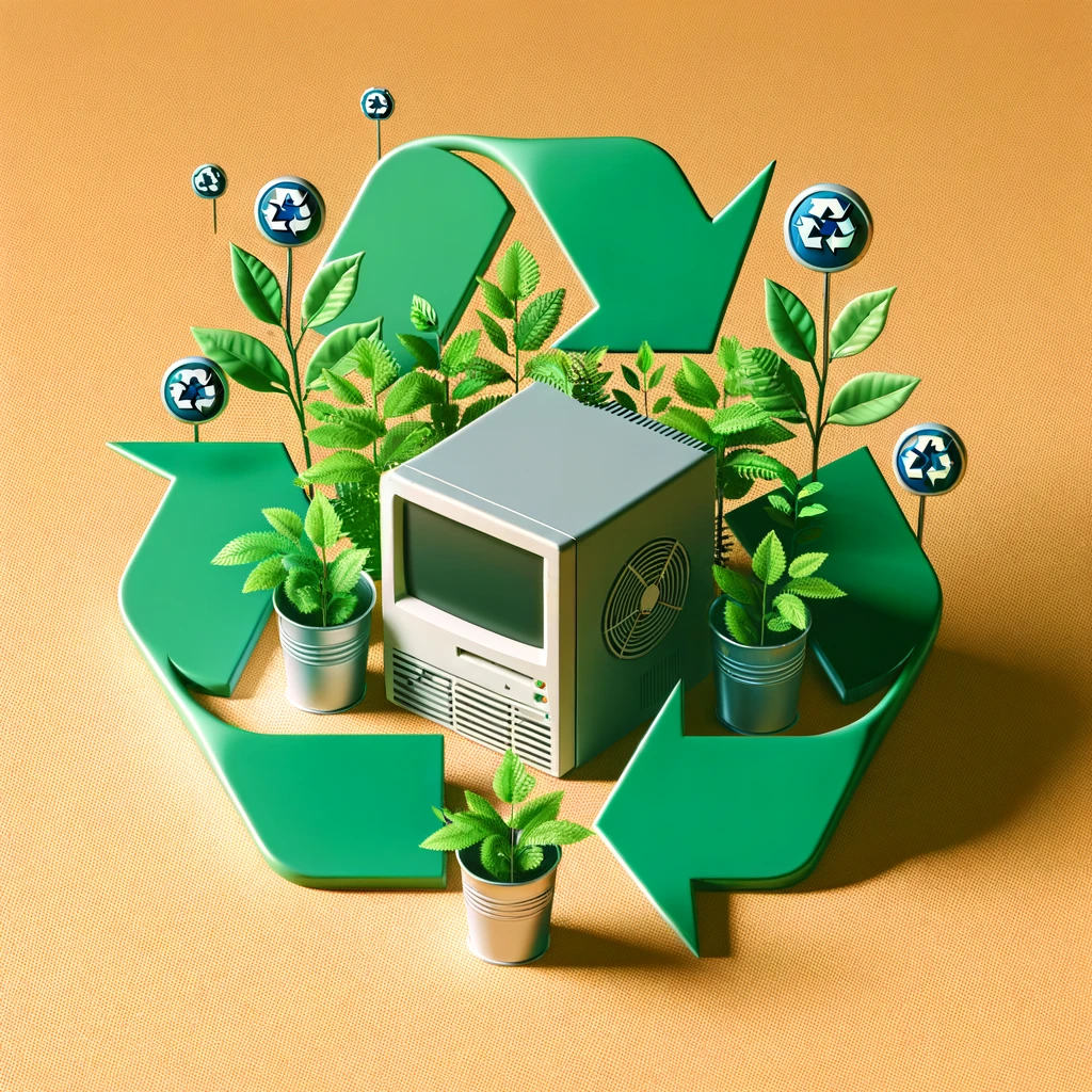 Eine symbolische Darstellung von Umweltfreundlichkeit und Technologie, wie ein Mini PC umgeben von Pflanzen und Recycling-Symbolen, um das Konzept der Nachhaltigkeit durch Refurbishing zu illustrieren.